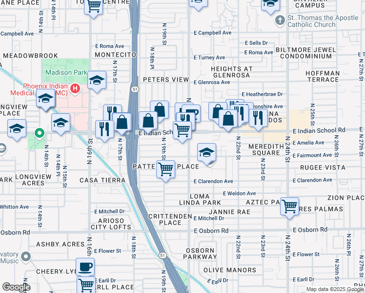 map of restaurants, bars, coffee shops, grocery stores, and more near 4020 North 20th Street in Phoenix