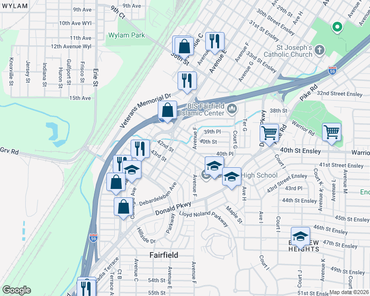 map of restaurants, bars, coffee shops, grocery stores, and more near 525 41st Street Ensley in Fairfield