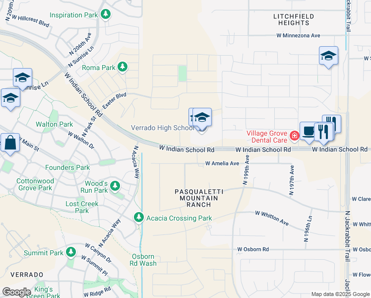 map of restaurants, bars, coffee shops, grocery stores, and more near 20111 West Indian School Road in Buckeye