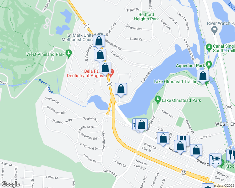 map of restaurants, bars, coffee shops, grocery stores, and more near 2314 Redwood Drive in Augusta