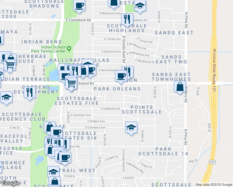 map of restaurants, bars, coffee shops, grocery stores, and more near 8367 East Indian School Road in Scottsdale