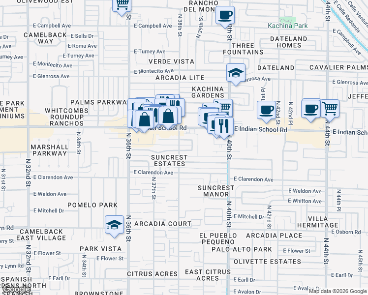 map of restaurants, bars, coffee shops, grocery stores, and more near 3820 East Piccadilly Road in Phoenix