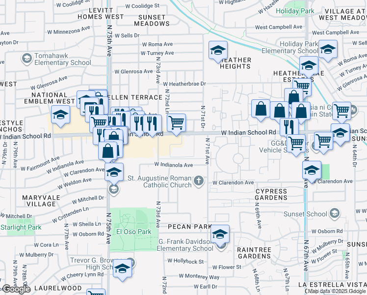 map of restaurants, bars, coffee shops, grocery stores, and more near 7151 West Indian School Road in Phoenix