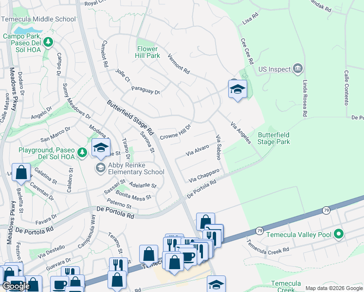 map of restaurants, bars, coffee shops, grocery stores, and more near 43272 Brookway Drive in Temecula