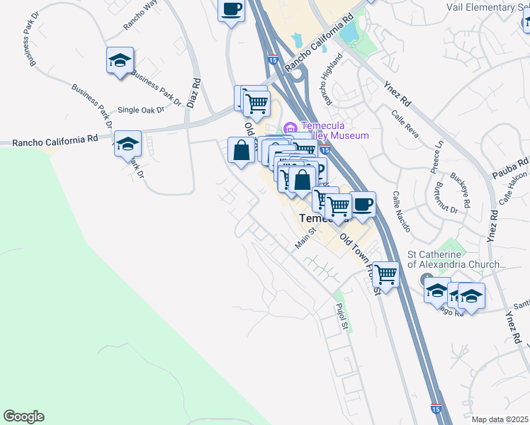 map of restaurants, bars, coffee shops, grocery stores, and more near 103 Pujol Street in Temecula