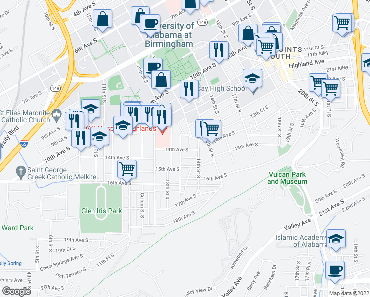 map of restaurants, bars, coffee shops, grocery stores, and more near 1317 14th Avenue South in Birmingham