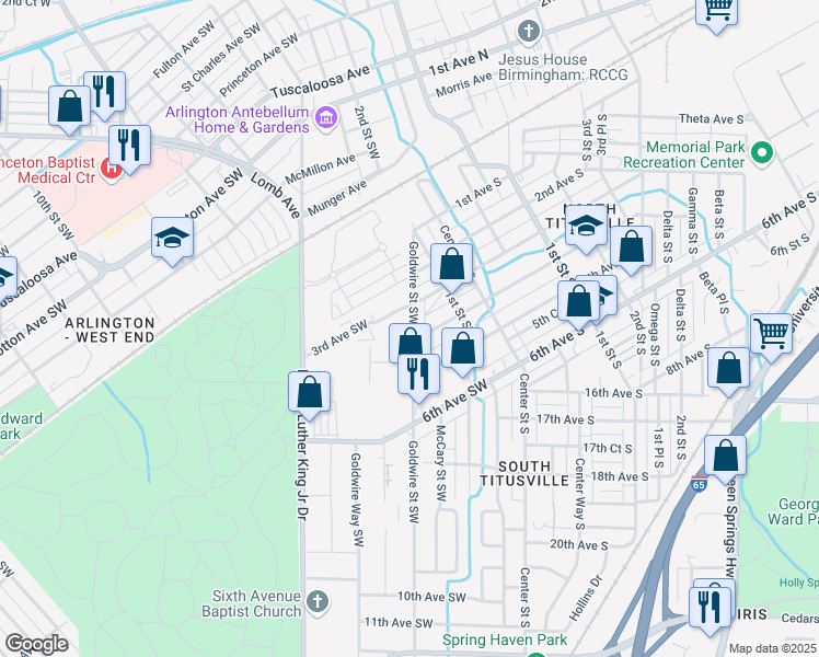 map of restaurants, bars, coffee shops, grocery stores, and more near 331 Goldwire Street Southwest in Birmingham