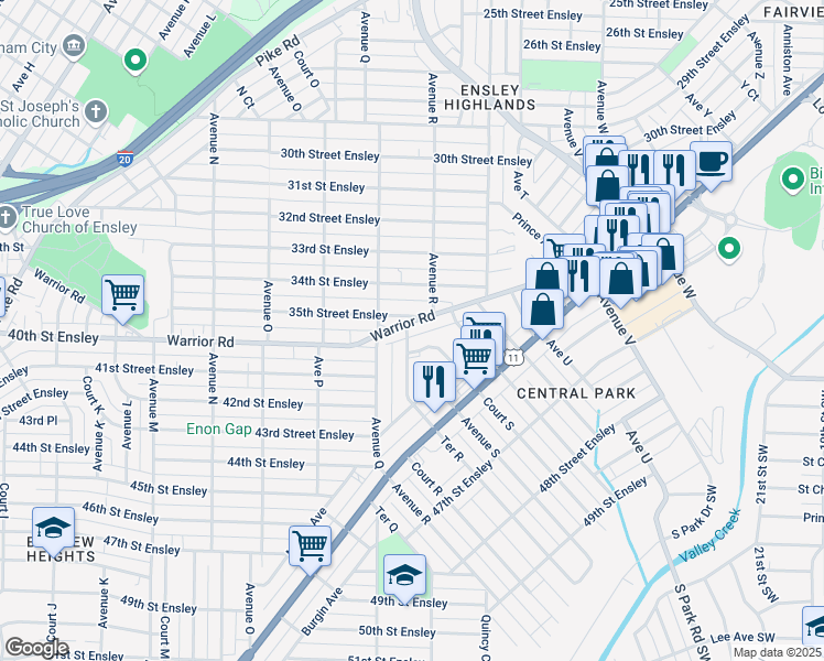 map of restaurants, bars, coffee shops, grocery stores, and more near 1727 Warrior Road in Birmingham