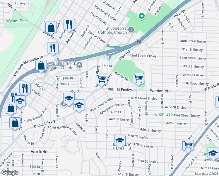 map of restaurants, bars, coffee shops, grocery stores, and more near 1033 40th Street Ensley in Birmingham