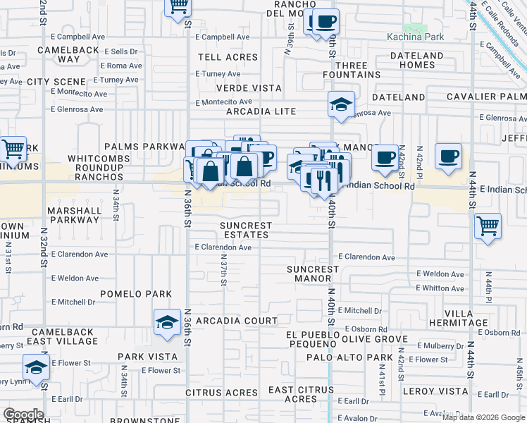 map of restaurants, bars, coffee shops, grocery stores, and more near 3820 East Piccadilly Road in Phoenix