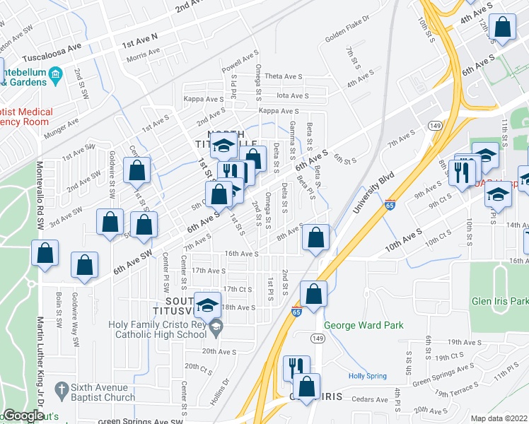 map of restaurants, bars, coffee shops, grocery stores, and more near 700 Omega Street South in Birmingham