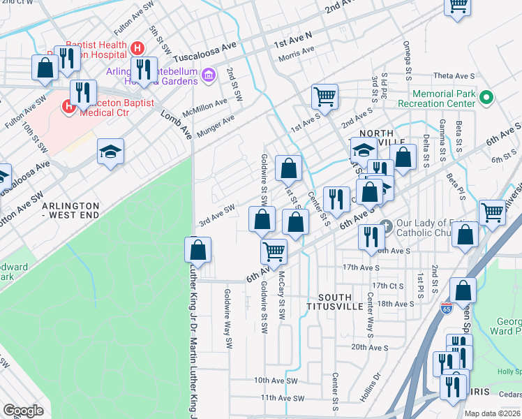map of restaurants, bars, coffee shops, grocery stores, and more near 331 Goldwire Street Southwest in Birmingham