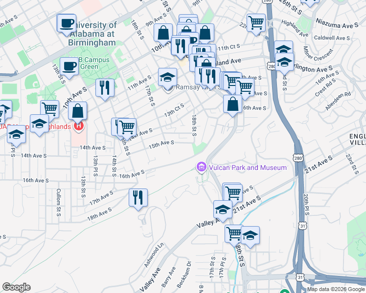 map of restaurants, bars, coffee shops, grocery stores, and more near 1733 15th Avenue South in Birmingham