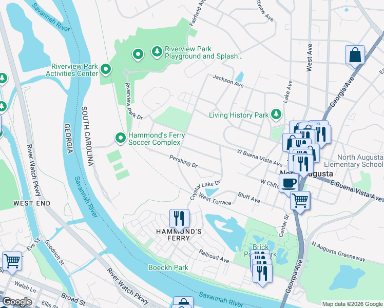 map of restaurants, bars, coffee shops, grocery stores, and more near 530 Grant Avenue in North Augusta