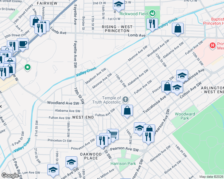 map of restaurants, bars, coffee shops, grocery stores, and more near 312 16th Street Southwest in Birmingham