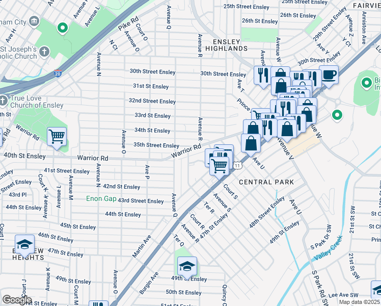 map of restaurants, bars, coffee shops, grocery stores, and more near 1727 Warrior Road in Birmingham