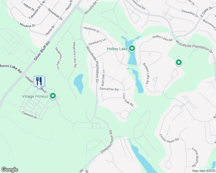 map of restaurants, bars, coffee shops, grocery stores, and more near 109 Sassafras Road in Aiken
