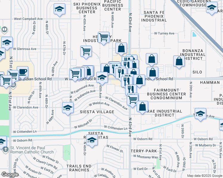 map of restaurants, bars, coffee shops, grocery stores, and more near 4030 North 44th Avenue in Phoenix