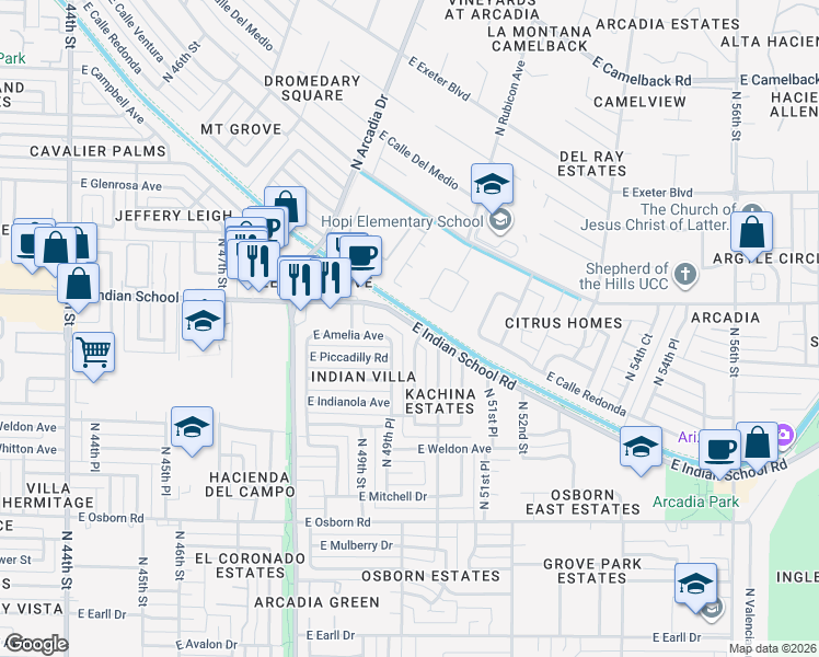 map of restaurants, bars, coffee shops, grocery stores, and more near 4955 East Indian School Road in Phoenix