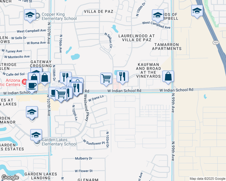 map of restaurants, bars, coffee shops, grocery stores, and more near North 103rd Avenue in Phoenix