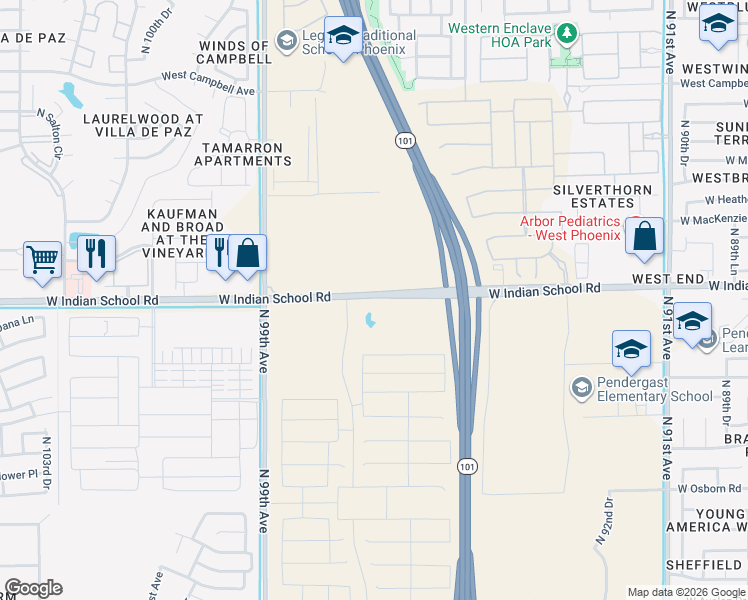 map of restaurants, bars, coffee shops, grocery stores, and more near 9701 West Indian School Road in Phoenix