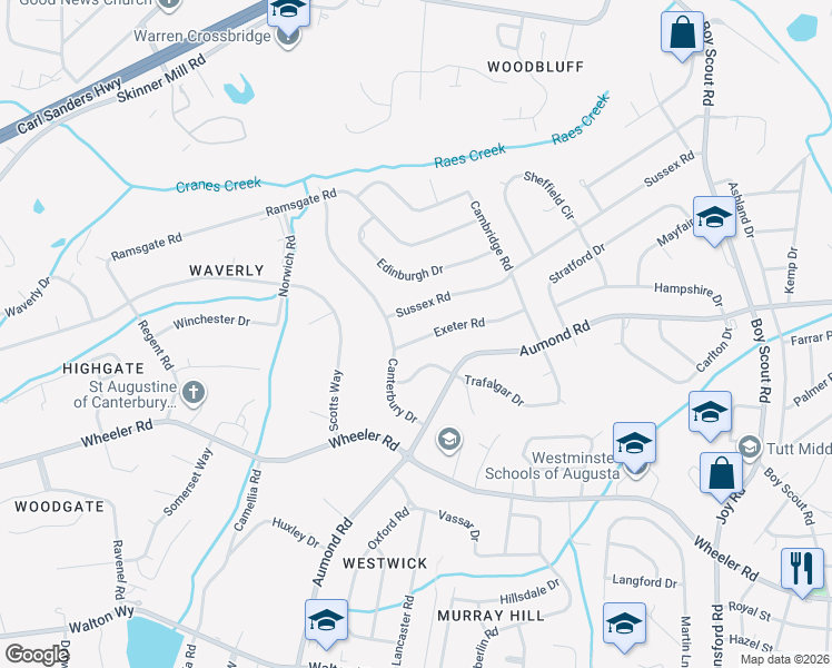map of restaurants, bars, coffee shops, grocery stores, and more near 3129 Exeter Road in Augusta