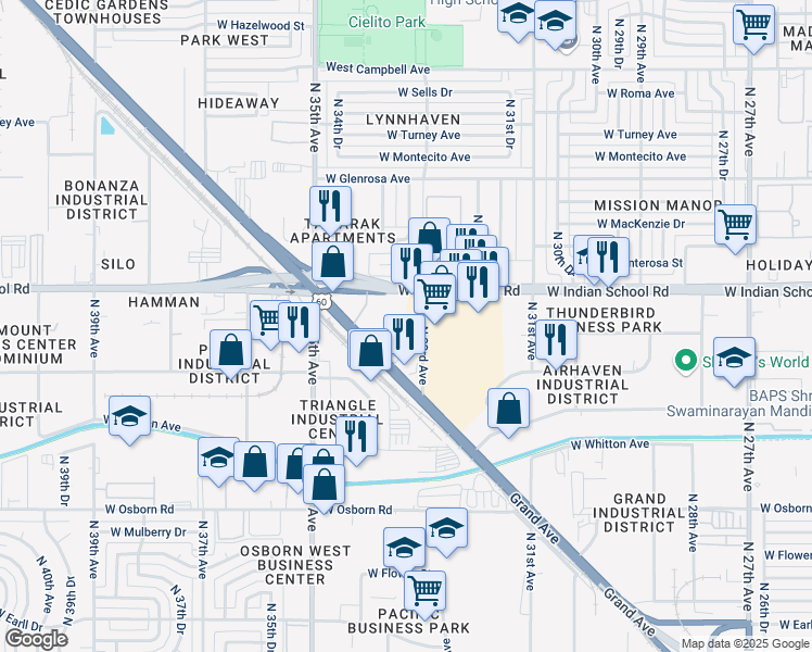 map of restaurants, bars, coffee shops, grocery stores, and more near 3400 Grand Avenue in Phoenix
