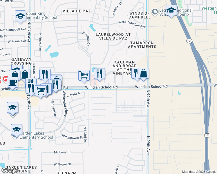 map of restaurants, bars, coffee shops, grocery stores, and more near 10085 West Indian School Road in Phoenix