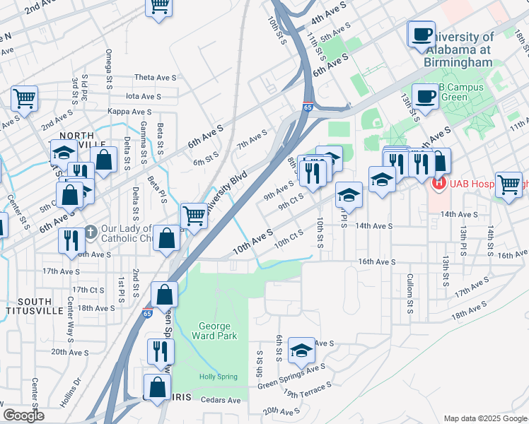 map of restaurants, bars, coffee shops, grocery stores, and more near 600 9th Court South in Birmingham