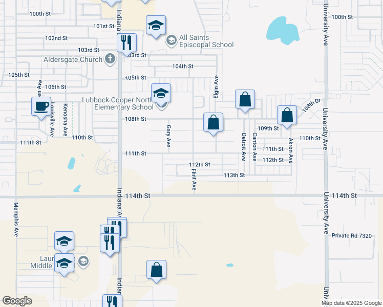map of restaurants, bars, coffee shops, grocery stores, and more near 3101 111th Street in Lubbock