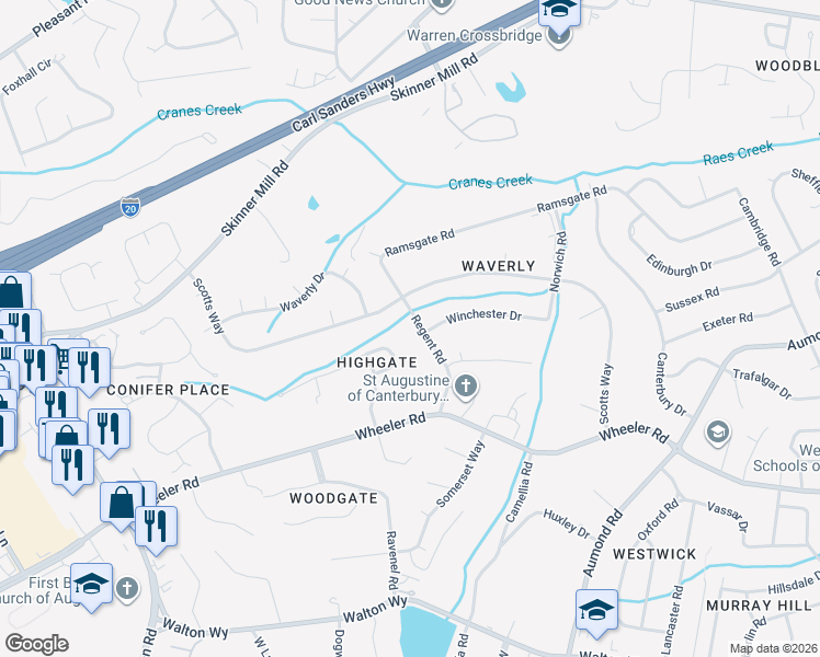map of restaurants, bars, coffee shops, grocery stores, and more near 605 Regent Rd in Augusta