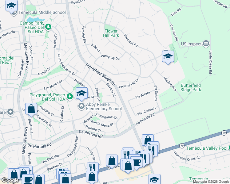 map of restaurants, bars, coffee shops, grocery stores, and more near 43644 Savona Street in Temecula