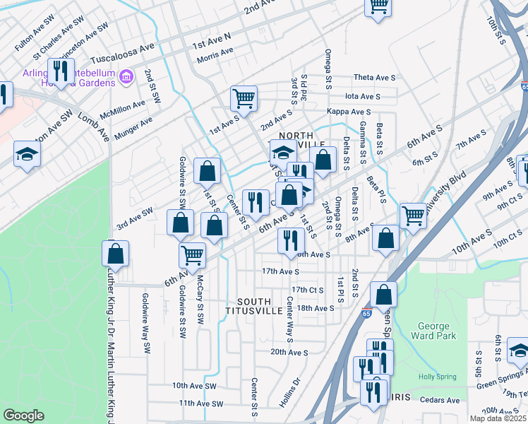 map of restaurants, bars, coffee shops, grocery stores, and more near 27 5th Court South in Birmingham