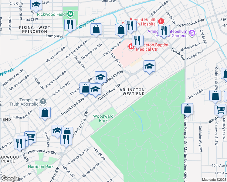 map of restaurants, bars, coffee shops, grocery stores, and more near 1121 Cotton Avenue Southwest in Birmingham