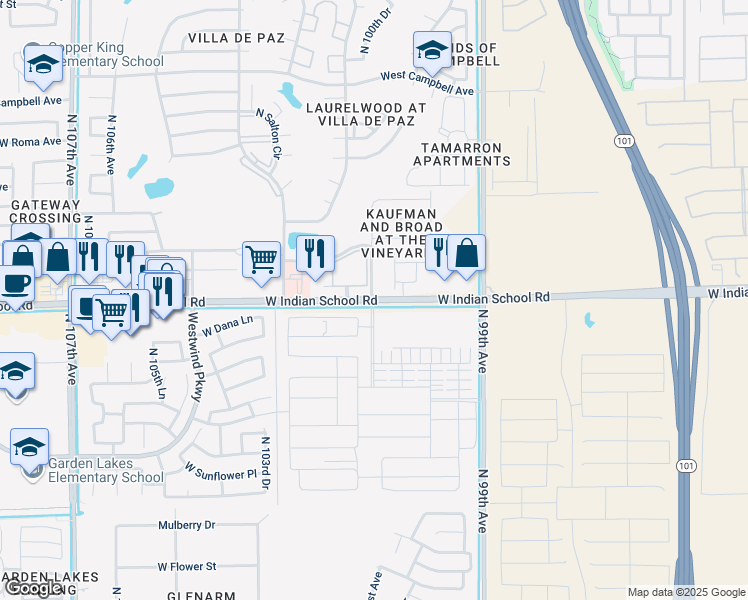 map of restaurants, bars, coffee shops, grocery stores, and more near 9999 West Indian School Road in Phoenix
