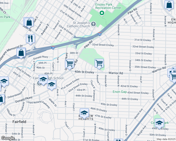 map of restaurants, bars, coffee shops, grocery stores, and more near 1104 40th Street Ensley in Birmingham