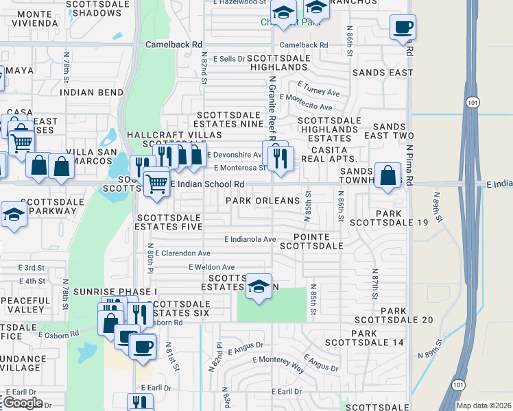 map of restaurants, bars, coffee shops, grocery stores, and more near 8367 East Indian School Road in Scottsdale