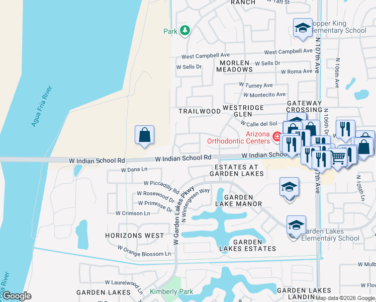 map of restaurants, bars, coffee shops, grocery stores, and more near 12100 West Indian School Road in Avondale