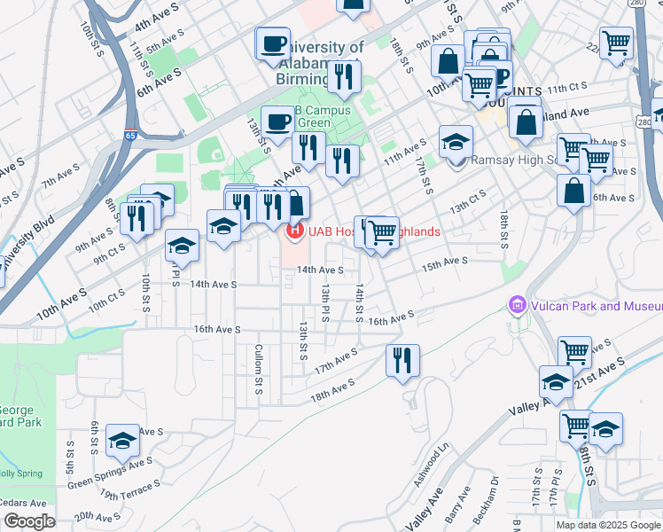 map of restaurants, bars, coffee shops, grocery stores, and more near 1317 14th Avenue South in Birmingham