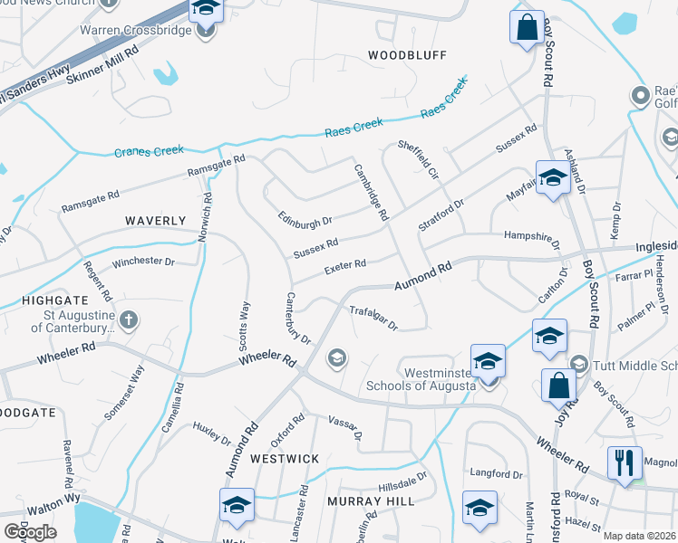 map of restaurants, bars, coffee shops, grocery stores, and more near 3120 Exeter Road in Augusta