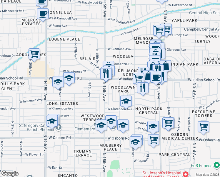map of restaurants, bars, coffee shops, grocery stores, and more near 4006 North 14th Avenue in Phoenix
