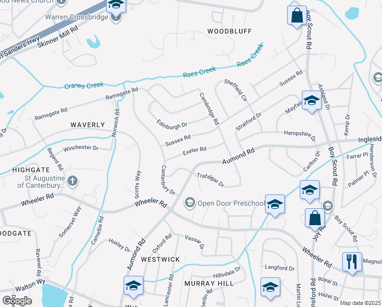 map of restaurants, bars, coffee shops, grocery stores, and more near 3118 Exeter Road in Augusta