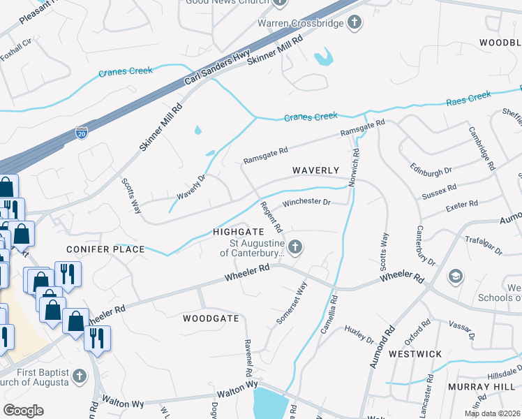 map of restaurants, bars, coffee shops, grocery stores, and more near 605 Regent Road in Augusta