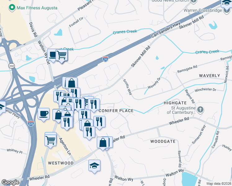 map of restaurants, bars, coffee shops, grocery stores, and more near 56 Conifer Circle in Augusta