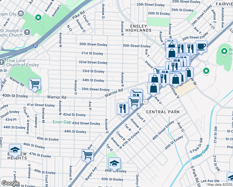 map of restaurants, bars, coffee shops, grocery stores, and more near 1727 Warrior Road in Birmingham