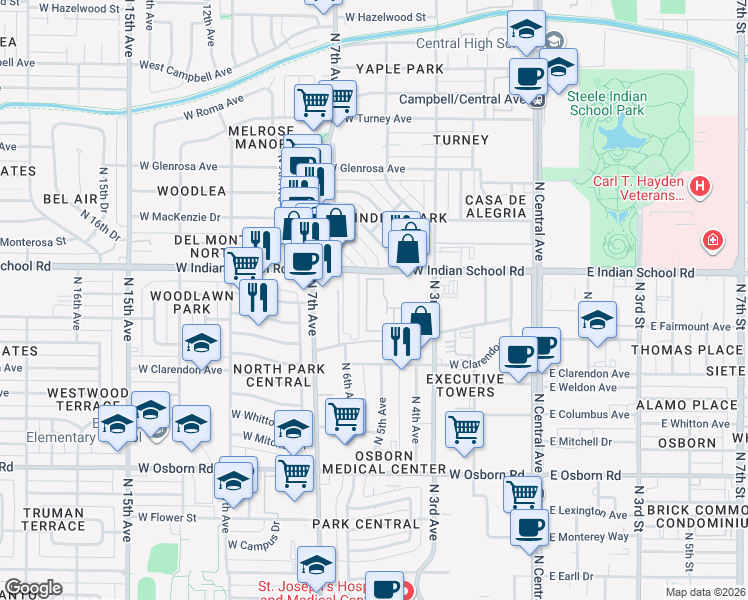 map of restaurants, bars, coffee shops, grocery stores, and more near 611 West Indian School Road in Phoenix