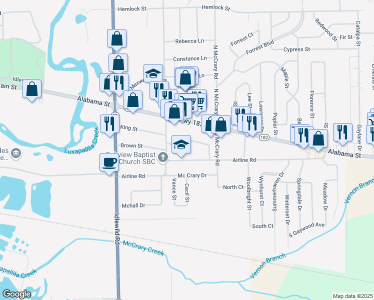 map of restaurants, bars, coffee shops, grocery stores, and more near 225 Airline Road in Columbus