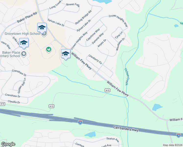 map of restaurants, bars, coffee shops, grocery stores, and more near 1940 William Few Parkway in Grovetown