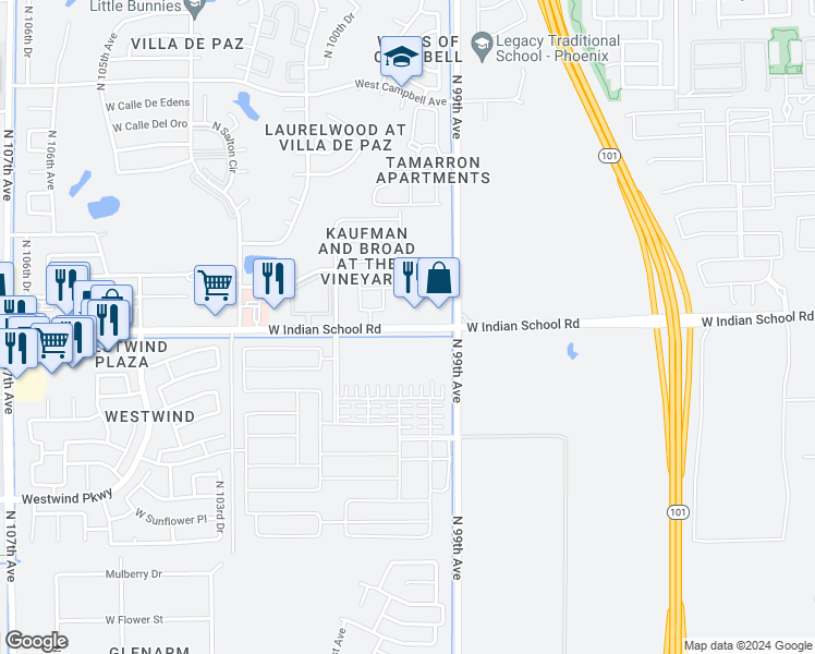 map of restaurants, bars, coffee shops, grocery stores, and more near 9950 West Indian School Road in Phoenix