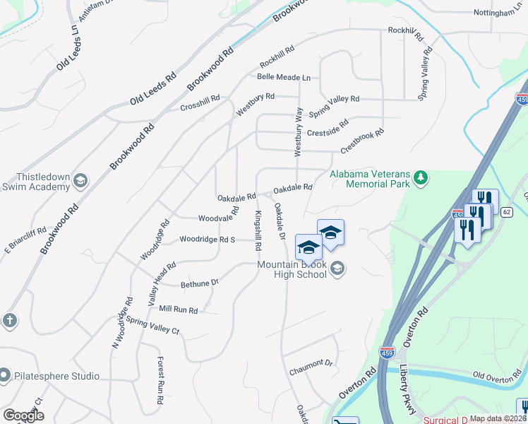 map of restaurants, bars, coffee shops, grocery stores, and more near 3620 Oakdale Drive in Birmingham